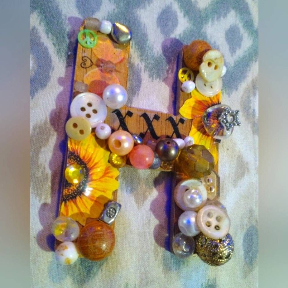Decorative Letter H with Sunflower and Beads